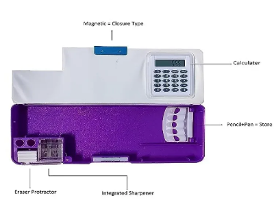 Picture of Pencil box with calculator and dual sharpener for school, kids of any color