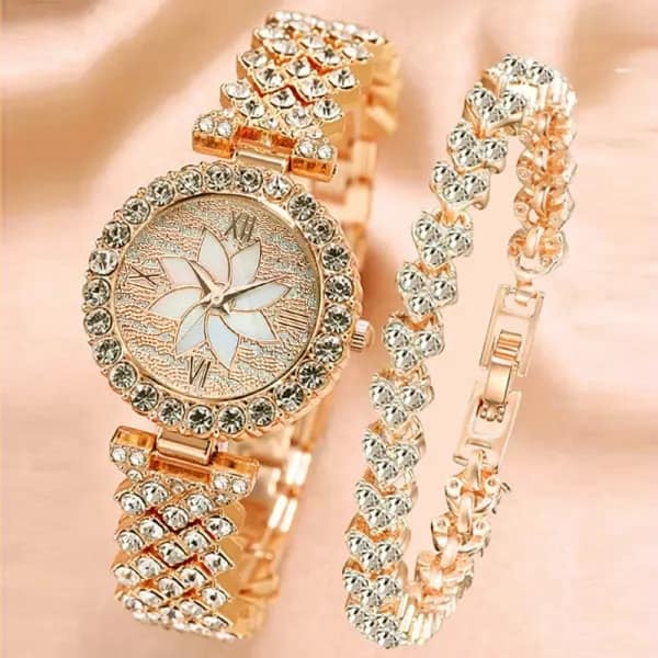 Picture of Fashion Diamond Petal Quartz Watch and Bracelet 2pcs Set for Women Girl Casual Watches