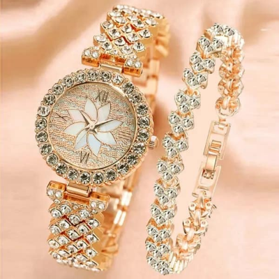 Picture of Fashion Diamond Petal Quartz Watch and Bracelet 2pcs Set for Women Girl Casual Watches
