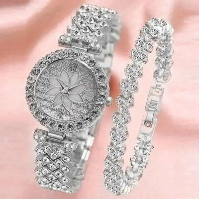 Picture of Fashion Diamond Petal Quartz Watch and Bracelet 2pcs Set for Women Girl Casual Watches