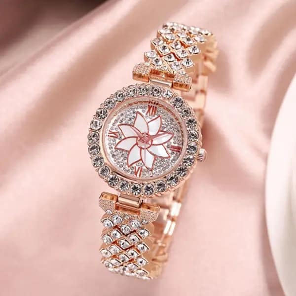 Picture of Fashion Diamond Petal Quartz Watch and Bracelet 2pcs Set for Women Girl Casual Watches