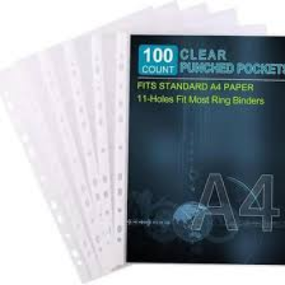 Picture of A4 Plastic Punch Pockets Folders (100 Pieces) 60 Micron, Top Opening Sheet Protector, Reinforced 11-Hole for Most Ring Binders, Clear Poly Document Files Protector Pocket