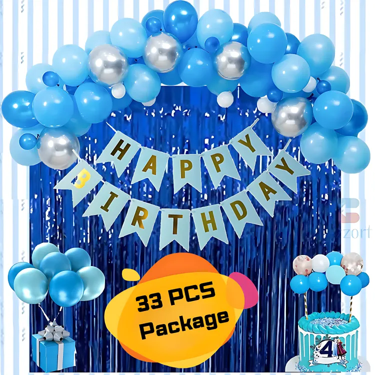 Picture of Happy Birthday Decoration Combo Pack – Blue Backdrop Foil Curtain, Light Blue Paper Birthday Banner With Metallic Balloons - Blue, Silver