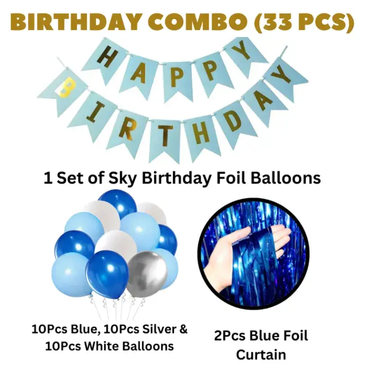 Picture of Happy Birthday Decoration Combo Pack – Blue Backdrop Foil Curtain, Light Blue Paper Birthday Banner With Metallic Balloons - Blue, Silver