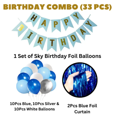 Picture of Happy Birthday Decoration Combo Pack – Blue Backdrop Foil Curtain, Light Blue Paper Birthday Banner With Metallic Balloons - Blue, Silver