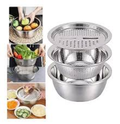 Picture of 3 In 1 Multifunctional Stainless Steel Basin With Vegetable Cutter + Drain Basket