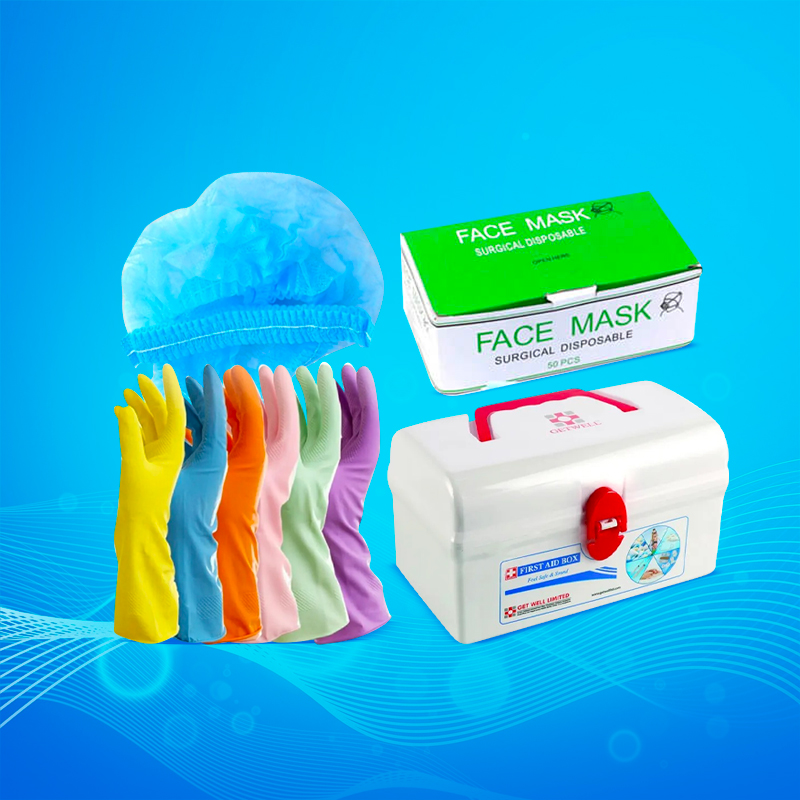Picture of First Aid Kit Box, Medicine Box Disposable FaceMask 1 Box, 50 Pc Kitchen Hand Gloves Half Hand (1 Pair), Safety Cap (Senga Cap) For Doctors & Hospital 50pc Combo Offer