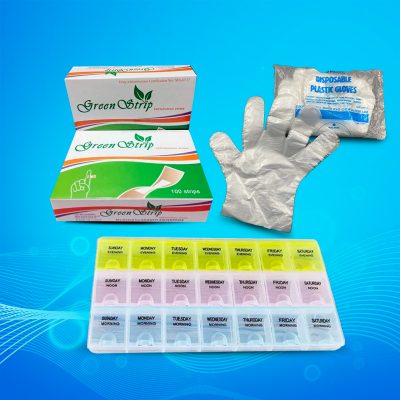 Picture of Green strip One time Bandage 100 pcs, Plastic Gloves Pack of 100 | Keep Your Hands Protected and Clean with Easy-to-Use and Maintain Disposable Gloves, 7 Days Medicine Kit box organizer with 21 grids Week day medicine box from Morning-noon-night Combo Offer