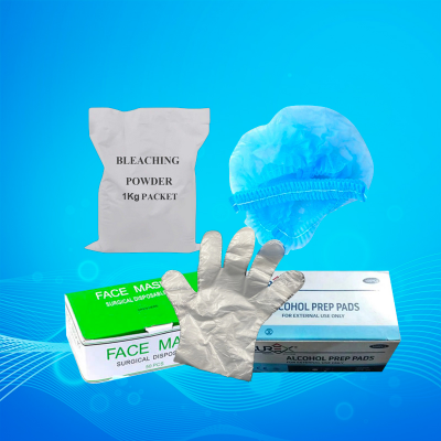 Picture of Disposable FaceMask 1 Box 50 Pc, Bleaching Powder 1 kg, Safety Cap (Senga Cap) For Doctors & Hospital 50pc, Plastic Gloves - Pack of 100 | Keep Your Hands Protected and Clean with Easy-to-Use and Maintain, Disposable Gloves, AlcoholSwab Pack of 100 Pieces Curex Combo Offer