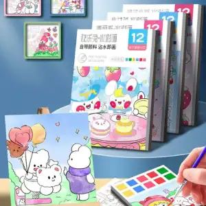 Picture of পেইন্ট এবং ব্রাশ ড্রইং বুক সহ জল রঙের কাগজ রঙিন বই ফাঁকা ডুডল বুক সেট 12 পৃষ্ঠা