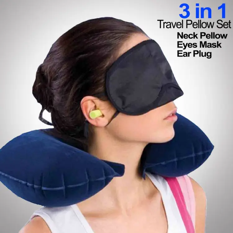 Buy 3 In 1 Travel Kit Set - Neck Pillow, Eye Mask, Ear Bud (Multi Colour) at Best Price In Bangladesh