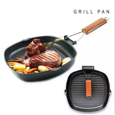 Buy Non-Stick Grill Pan, Frying Pan Wooden Handle Folding for Kitchen Fry Cooking Steak Pans Portable Square Grill-24 Cm at Best Price In Bangladesh
