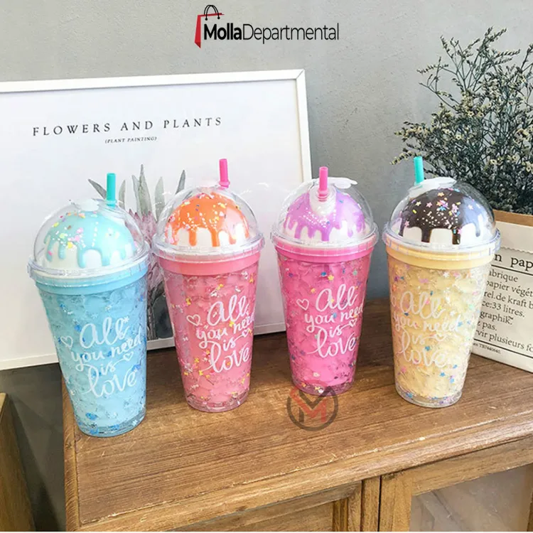 Buy Ice Cream Ice Cup with Straw Plastic Water Cup Female Cute Double Layer Student Cup at Best Price In Bangladesh
