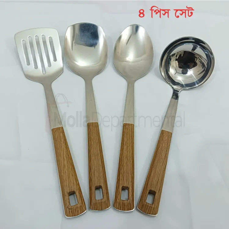 Buy 4 pcs  stainless steel silver color Serving spoon set long rice spoon,Soup Spoon, Slotted Turner, slotted spoon 4 pcs cookware set at Best Price In Bangladesh