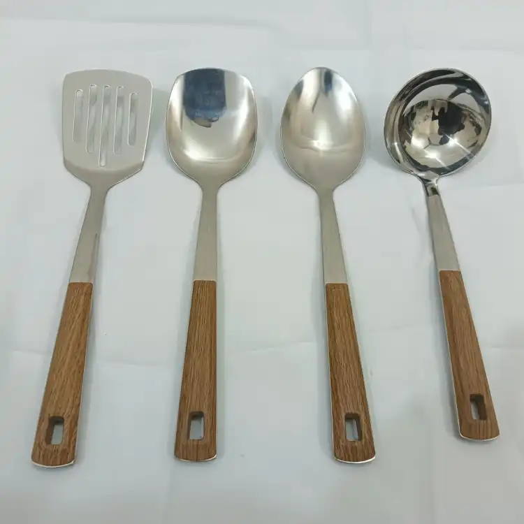 Buy 4 pcs  stainless steel silver color Serving spoon set long rice spoon,Soup Spoon, Slotted Turner, slotted spoon 4 pcs cookware set at Best Price In Bangladesh