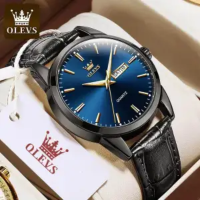 Picture of Olevs 6898 Top Brand Quartz Men Leather Strap Fashion Watch Date Watch Watch For Men Black Blue