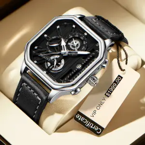 Picture of CUENA Men Watch Waterproof Chronograph Fashion Business Wristwatch Quartz Analog Black Leather Strap Wrist Watch