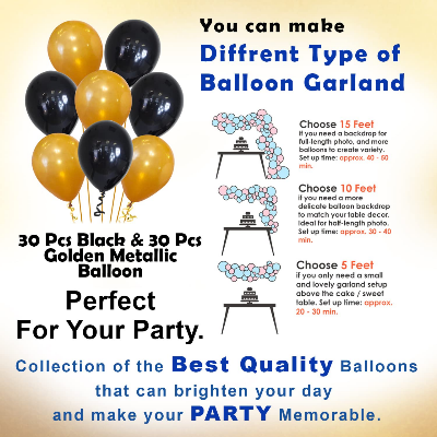 Picture of Birthday Decoration Combo Pack- Black Paper Birthday Banners, Golden Foil Curtains, Golden & Black Metallic Balloons, Golden Confetti Balloons and Balloon Garland Arch With Glue Dot Tape Decorations Full Package- (Pack of 70 Pcs)