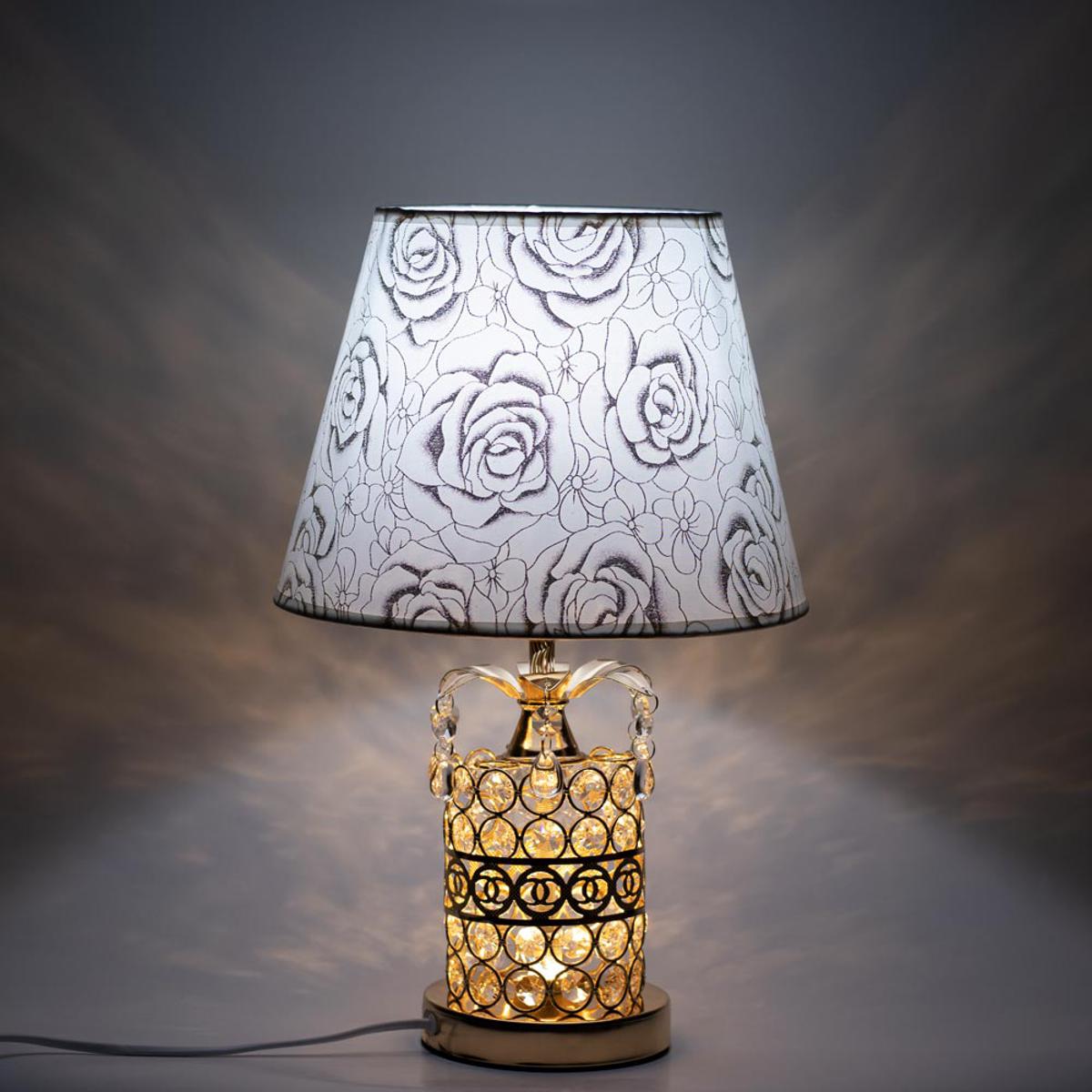 Picture of Crystal Stone Design Golden Color Metal Body With White Golden Designed Shade Table Lamp