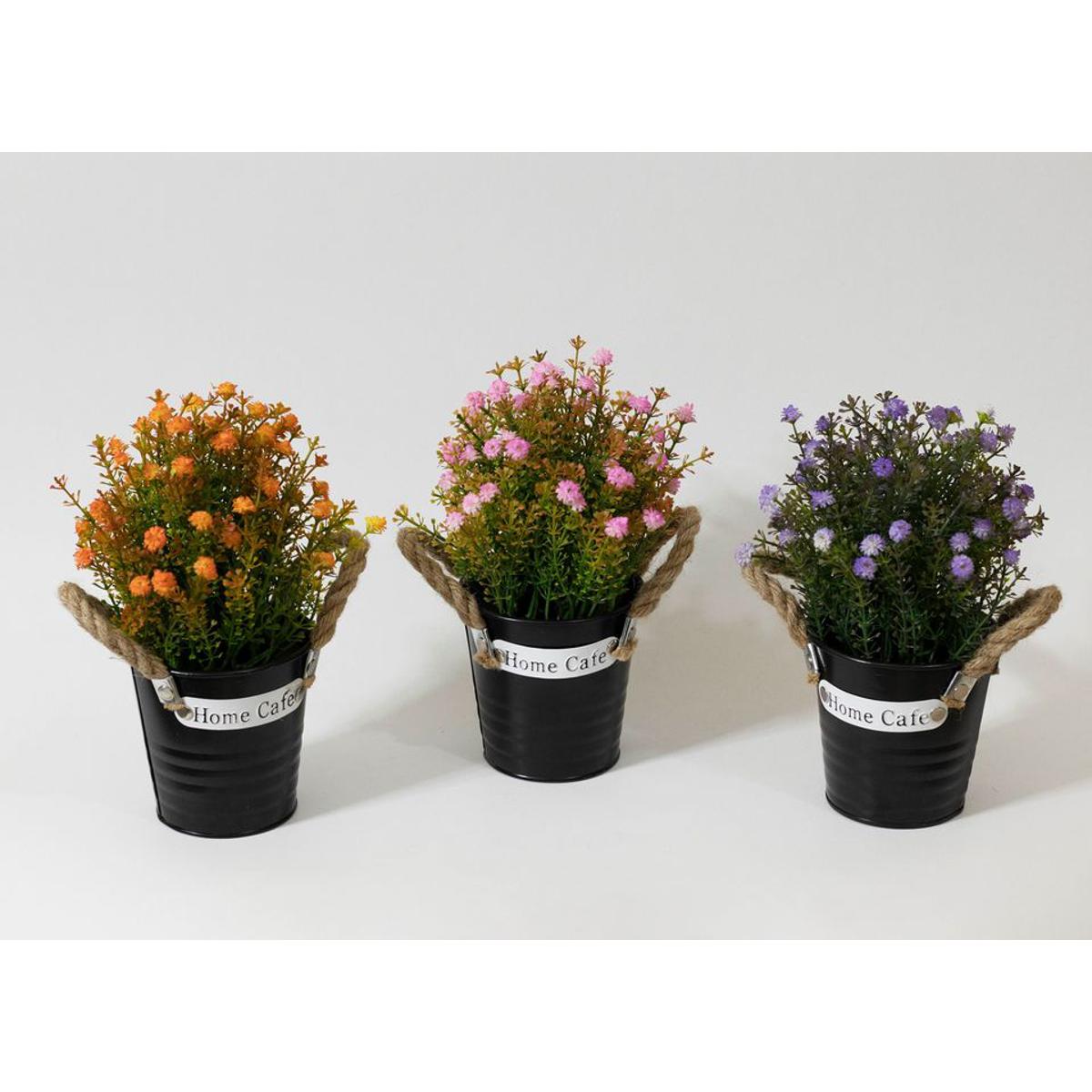 Picture of 1pcs Black Home Cafe Tin Pot with Rope with Artificial Plant and Flower