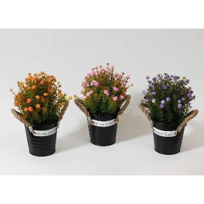 Picture of 1pcs Black Home Cafe Tin Pot with Rope with Artificial Plant and Flower