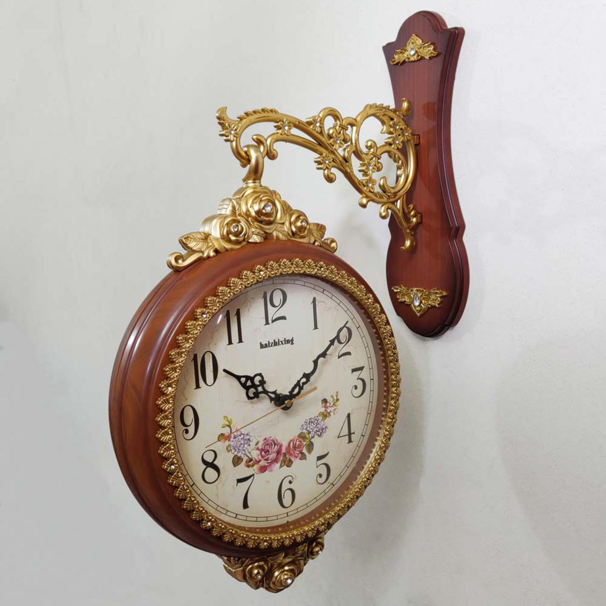 Picture of Wood and Golden Color Fiber Made Double Sided Station Wall Clock