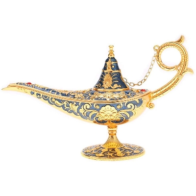 Picture of Aladdin Lamp, Metal Carved Hollow Legend Lamp Hollow Aladdin Magic Genie Light Wishing Pot Home Decorations(Blue)