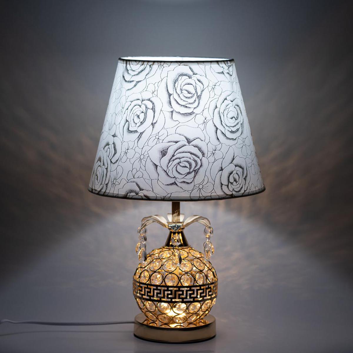 Picture of Crystal Stone Design Golden Color Metal Body With White Golden Designed Shade Table Lamp
