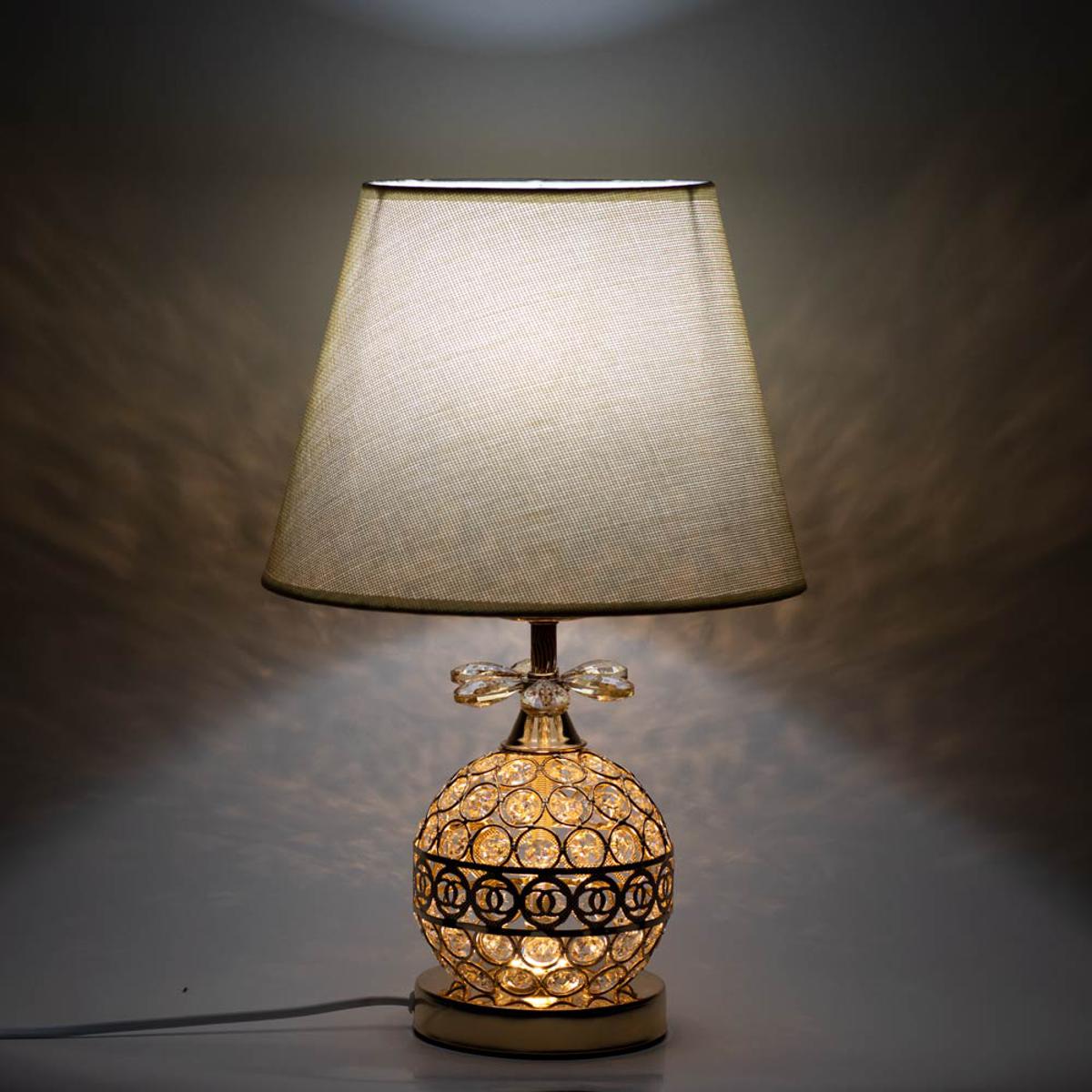 Picture of Crystal Stone Design Golden Color Metal Body With White Golden Designed Shade Table Lamp