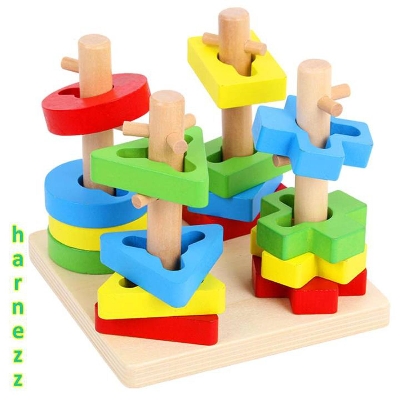 Picture of Wooden Four Column Set Blocks Geometry Puzzles Educational Toys for Kids