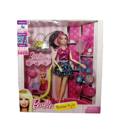 Picture of One Set New Multicolor Assembly Barbie Baby Stroller Trolley Doll With Baby