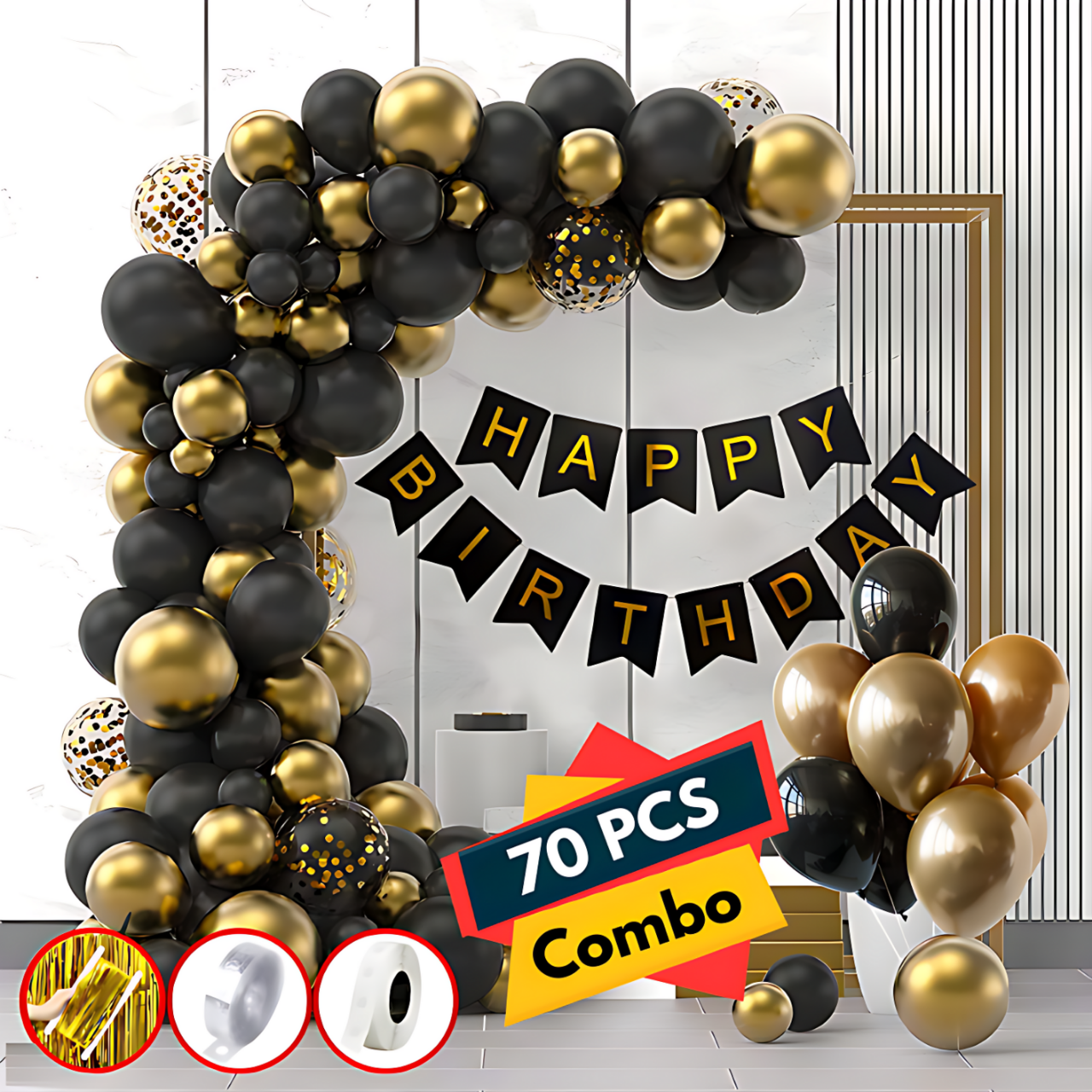Picture of Birthday Decoration Combo Pack- Black Paper Birthday Banners, Golden Foil Curtains, Golden & Black Metallic Balloons, Golden Confetti Balloons and Balloon Garland Arch With Glue Dot Tape Decorations Full Package- (Pack of 70 Pcs)