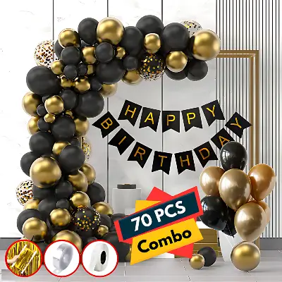 Picture of Birthday Decoration Combo Pack- Black Paper Birthday Banners, Golden Foil Curtains, Golden & Black Metallic Balloons, Golden Confetti Balloons and Balloon Garland Arch With Glue Dot Tape Decorations Full Package- (Pack of 70 Pcs)