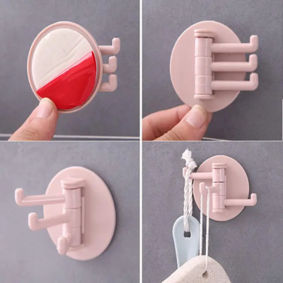 Picture of 1 pcs Multifunctional Bathroom Hook Rotatable Seamless Adhesive Hanger Powerful 3 Branch Wall Stick Hooks Kitchen Storage