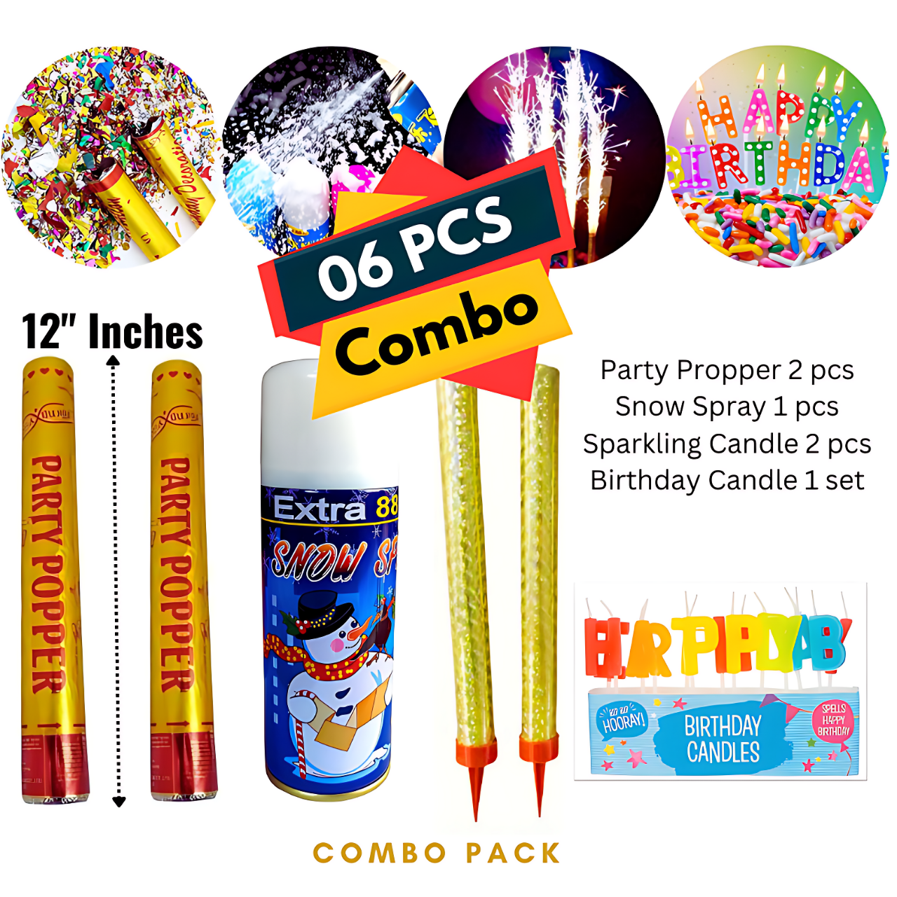 Party Popper, Party Snow Spray, Sparkling Candle and Birthday Candle Combo Pack