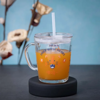 Buy  1 pcs Cartoon Printed Glass Tumbler with Straw, Cup with Straw for Kids with Measuring Glass Scale and Handle, Clear Lid and Straw for Coffee, Juice, Milk Sipper 300 ML  at Best Price In Bangladesh