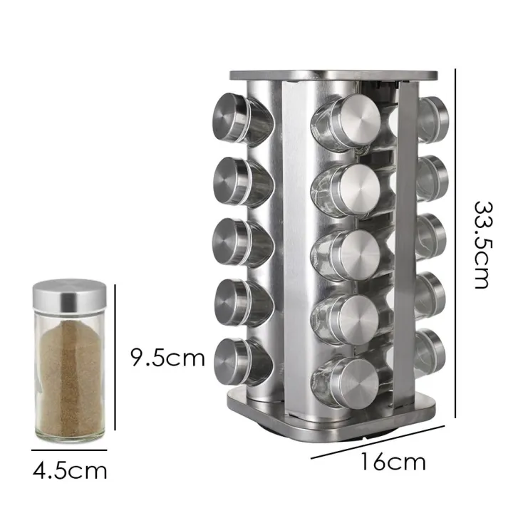 Set of 20 Spice Jars | Round Spice Rack | Seasoning Dried Herbs Storage Organization | Stainless Steel Rotating Countertop Spice Holder Shelf for Kitchen Cabinet Organizer