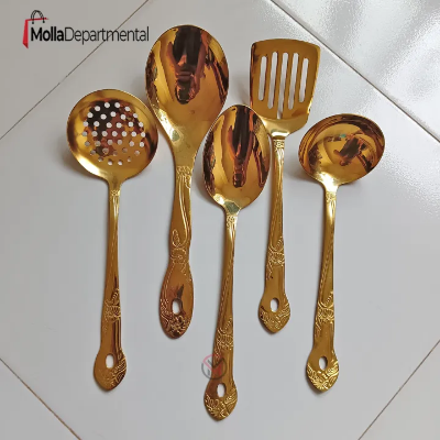 Picture of 5 stainless steel golden color Serving spoon set rice spoon ,long rice  spoon,Soup Spoon, Slotted Turner, slotted spoon 5 pcs cookware set