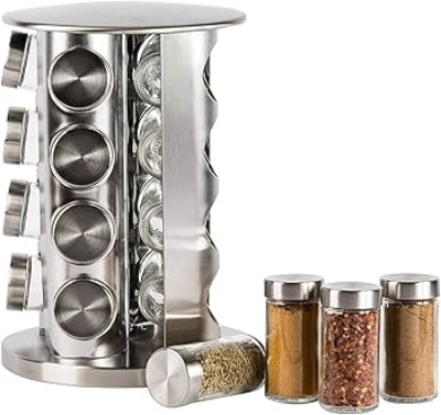 Picture of 16 Jars Spice Rack Revolving Stainless Steel Seasoning Storage Organizer Spice Carousel Tower for Kitchen Set
