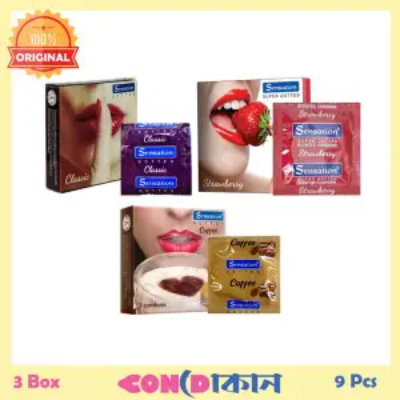 Picture of Sensation Super Dotted Condom Combo 3 Box (9 Pcs) (Classic 3p + Strawberry 3p + Coffee 3p)