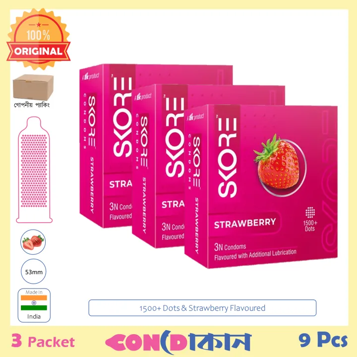 Picture of SKORE 1500+ Dots Strawberry Flavoured Condom Indian 3 Packet (9 Pcs)