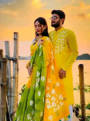 Picture of Dhupian Half Silk Block Print Cotton Couple Set Saree and Panjabi - 314