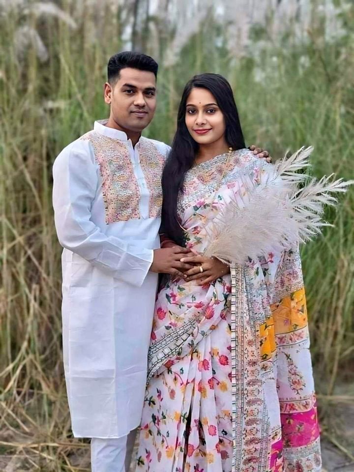 Picture of Dhupian Half Silk Block Print Cotton Couple Set Saree and Panjabi - 316