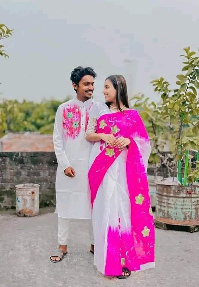 Picture of Dhupian Half Silk Block Print Cotton Couple Set Saree and Panjabi - 317