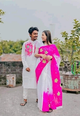 Picture of Dhupian Half Silk Block Print Cotton Couple Set Saree and Panjabi - 317