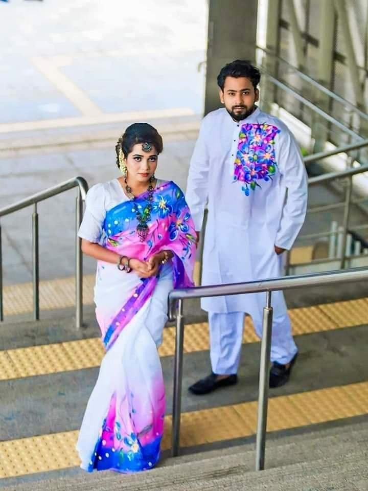 Picture of Dhupian Half Silk Block Print Cotton Couple Set Saree and Panjabi - 318