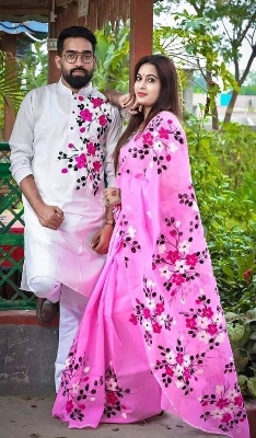 Picture of Dhupian Half Silk Block Print Cotton Couple Set Saree and Panjabi - 320