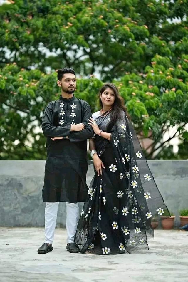 Picture of Dhupian Half Silk Block Print Cotton Couple Set Saree and Panjabi - 321