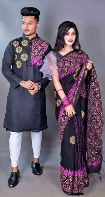 Picture of Dhupian Half Silk Block Print Cotton Couple Set Saree and Panjabi - 322