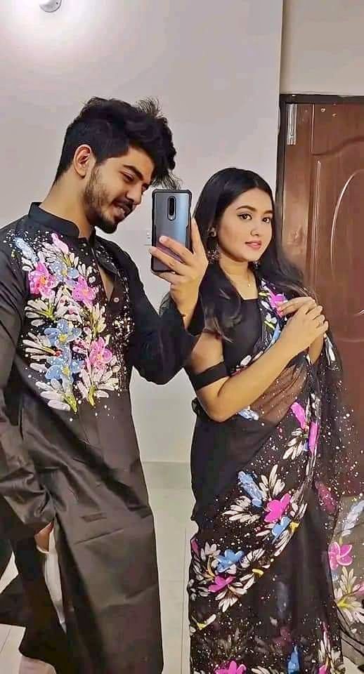 Picture of Dhupian Half Silk Block Print Cotton Couple Set Saree and Panjabi - 324